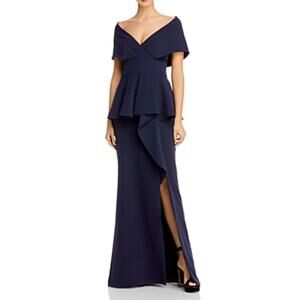 Aidan Mattox Shawl Collar Ruffled A-Line Evening Gown Blue Size 4 Formal Dress